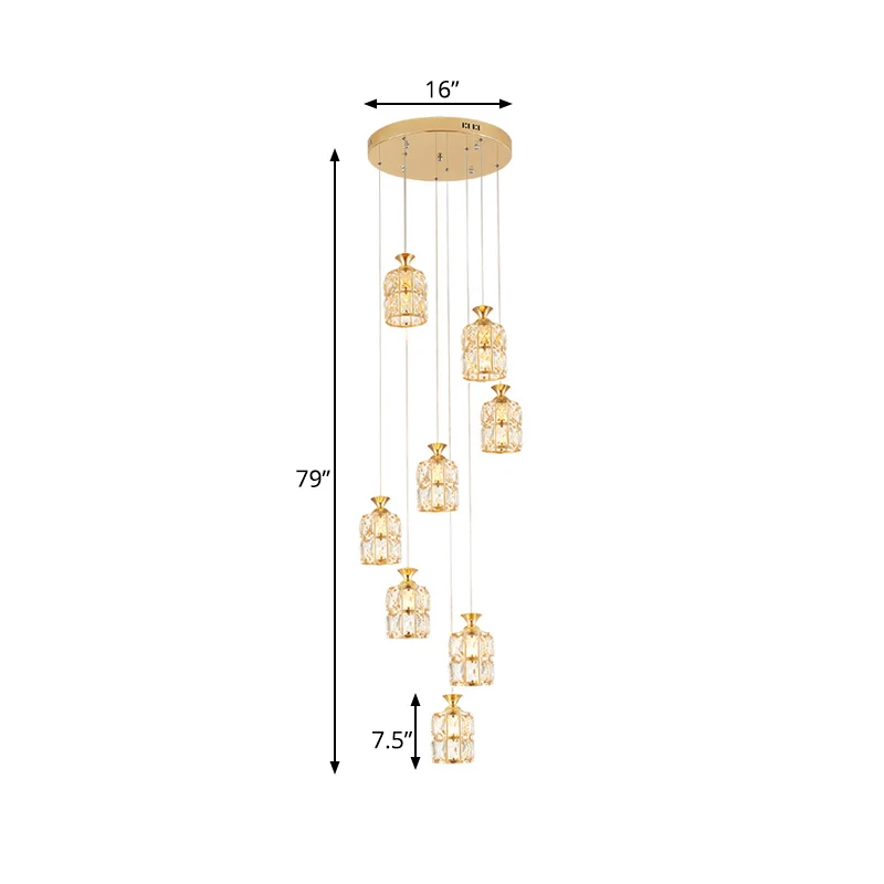 Luminaire suspendu contemporain à 8 lumières avec abat-jour incrusté de blocs de cristal, lampe à pendule cylindrique doré...