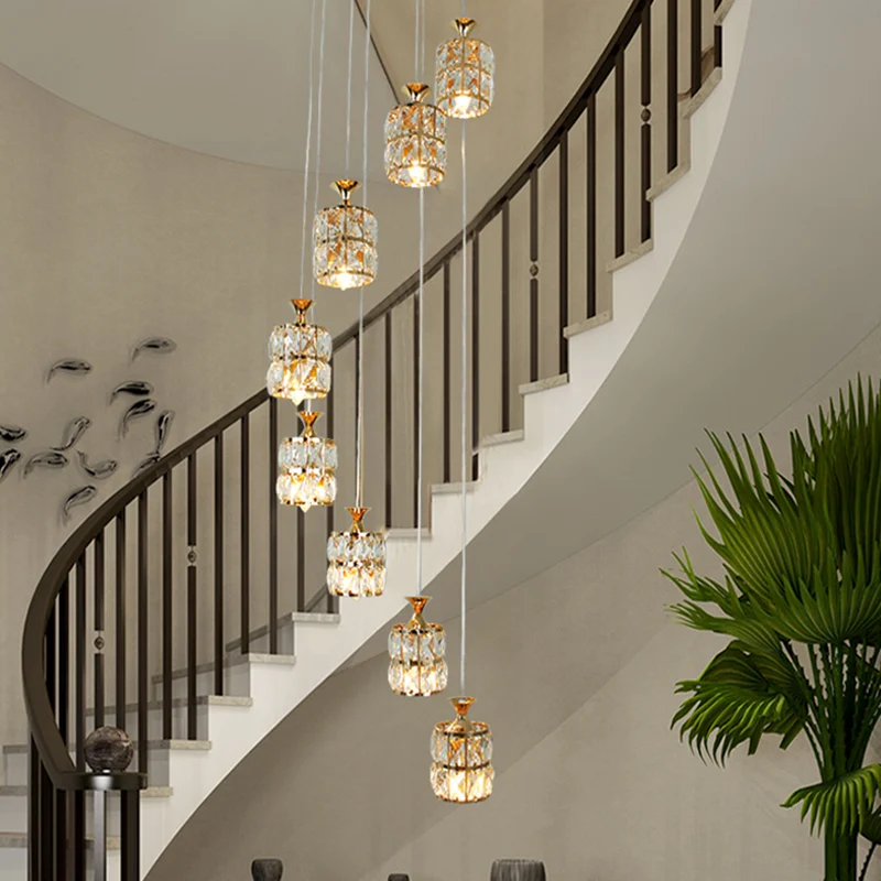 Luminaire suspendu contemporain à 8 lumières avec abat-jour incrusté de blocs de cristal, lampe à pendule cylindrique doré...