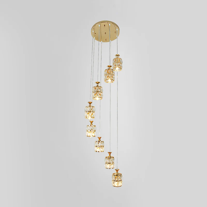 Luminaire suspendu contemporain à 8 lumières avec abat-jour incrusté de blocs de cristal, lampe à pendule cylindrique doré...