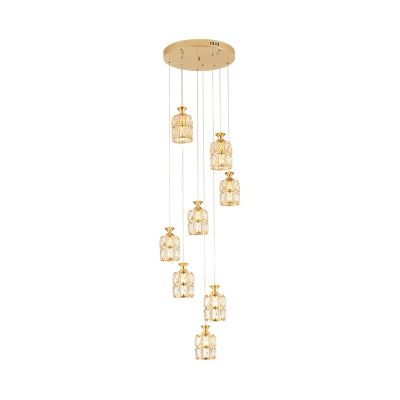Luminaire suspendu contemporain à 8 lumières avec abat-jour incrusté de blocs de cristal, lampe à pendule cylindrique doré...