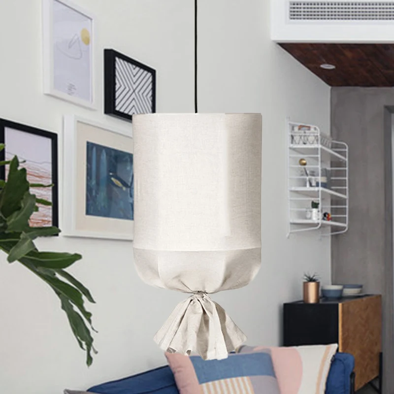 Luminaire suspendu cylindrique en tissu minimaliste, plafonnier blanc/lin à 1 lumière avec attache Clearhalo