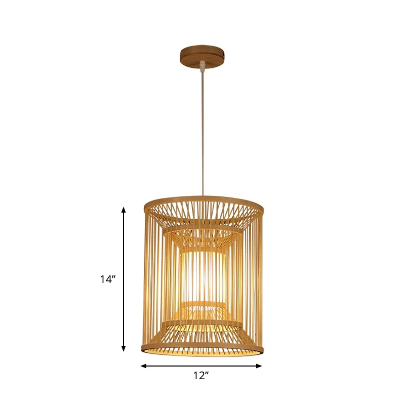 Luminaire suspendu cylindrique Tradition en bambou, 1 ampoule, Kit de lampe suspendue en bois pour salon de thé Clearhalo