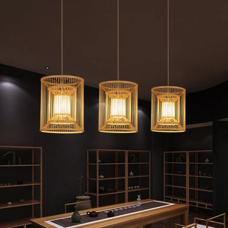 Luminaire suspendu cylindrique Tradition en bambou, 1 ampoule, Kit de lampe suspendue en bois pour salon de thé Clearhalo