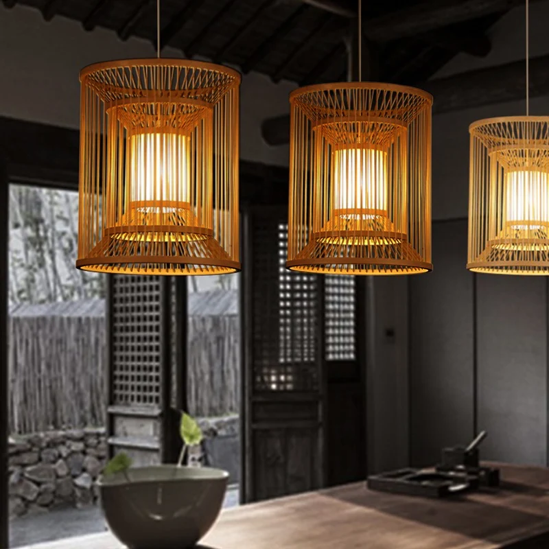 Luminaire suspendu cylindrique Tradition en bambou, 1 ampoule, Kit de lampe suspendue en bois pour salon de thé Clearhalo