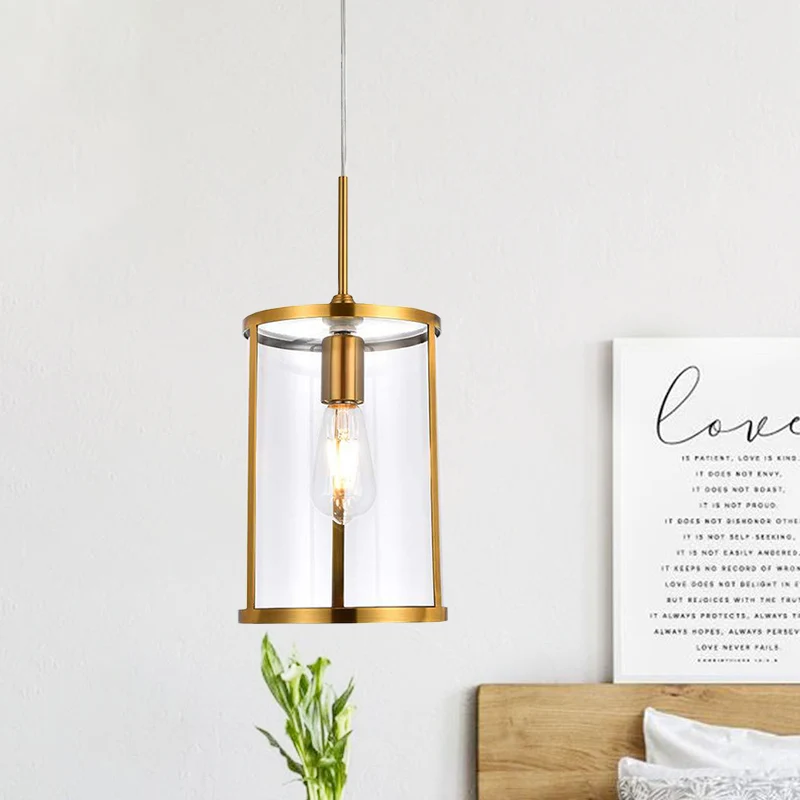 Luminaire suspendu cylindrique en verre transparent, Kit de lampe suspendue moderne à 1 ampoule en or/Nickel pour le salon...