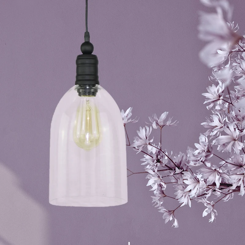 Luminaire suspendu à dôme allongé en verre transparent modernisme 1 tête plafonnier suspendu noir Clearhalo