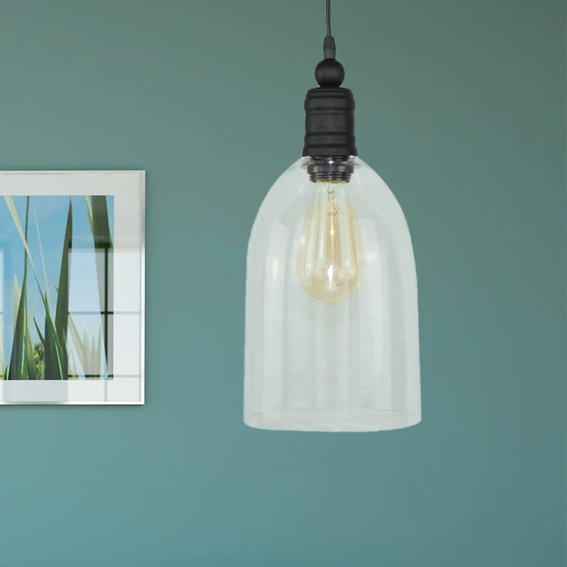 Luminaire suspendu à dôme allongé en verre transparent modernisme 1 tête plafonnier suspendu noir Clearhalo