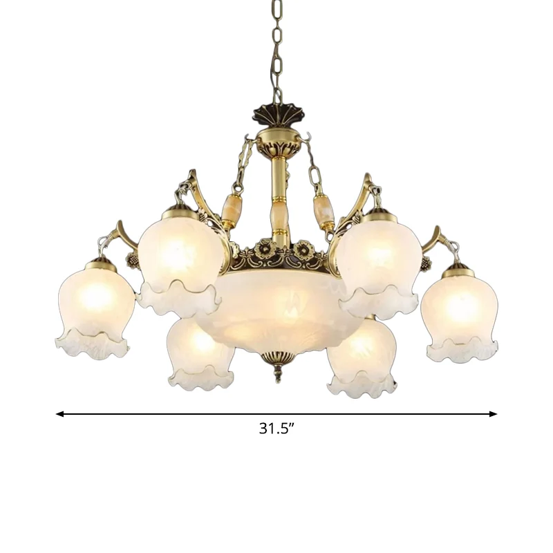 Luminaire suspendu floral traditionnel, lustre en verre blanc givré à 9 ampoules en bronze Clearhalo