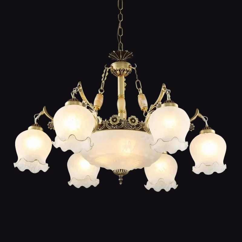 Luminaire suspendu floral traditionnel, lustre en verre blanc givré à 9 ampoules en bronze Clearhalo