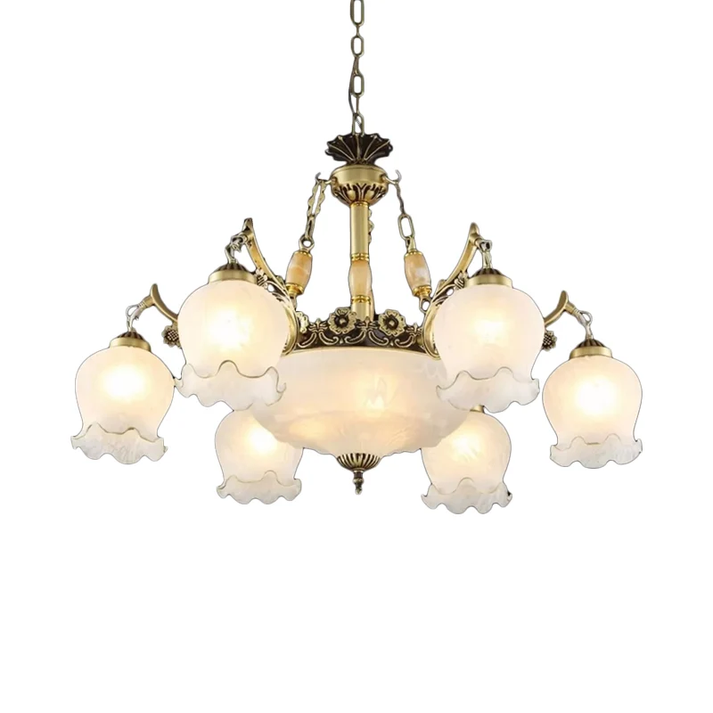 Luminaire suspendu floral traditionnel, lustre en verre blanc givré à 9 ampoules en bronze Clearhalo
