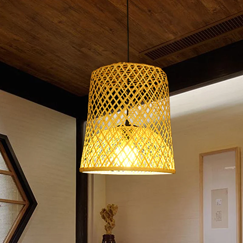 Luminaire suspendu en forme de baril à 2 abat-jour, kit de lampe suspendue simple en bambou d'asie beige au-dessus de la t...