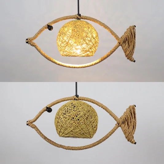 Luminaire suspendu en forme de poisson à 1/2/3 lumières Lampe suspendue rustique Bine à une tête en beige Clearhalo