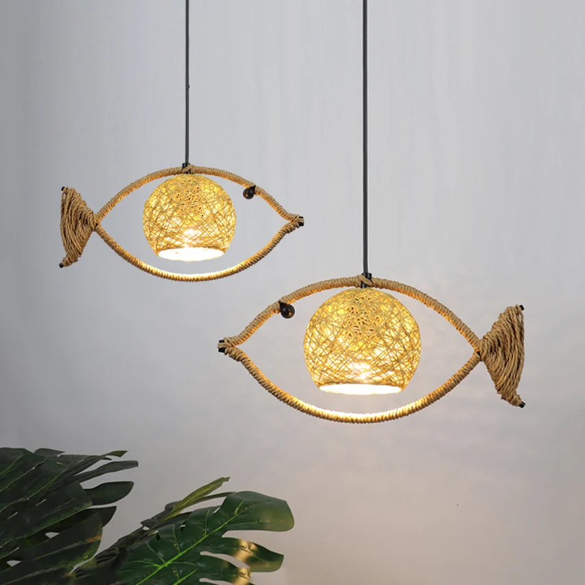 Luminaire suspendu en forme de poisson à 1/2/3 lumières Lampe suspendue rustique Bine à une tête en beige Clearhalo