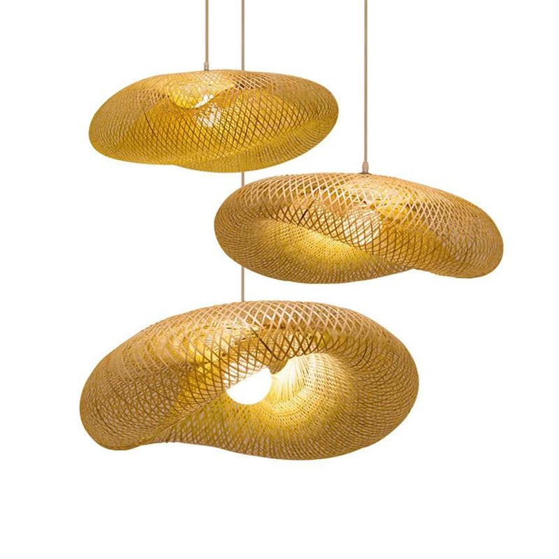 Luminaire suspendu en maille de bambou, luminaire créatif asiatique à 1 lumière beige pour salon de thé Clearhalo