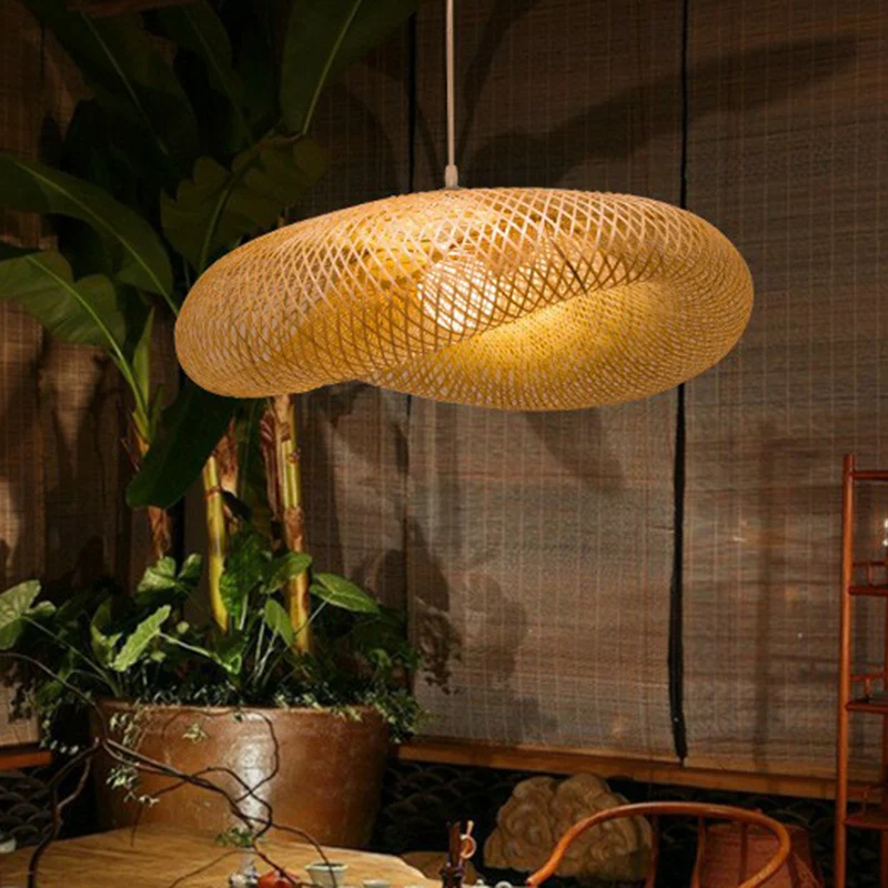 Luminaire suspendu en maille de bambou, luminaire créatif asiatique à 1 lumière beige pour salon de thé Clearhalo