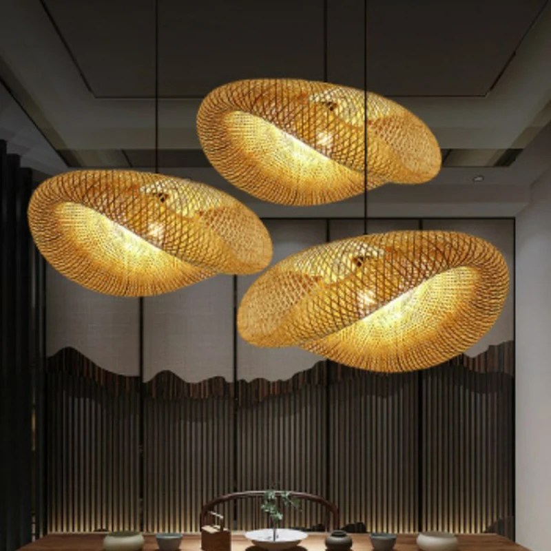 Luminaire suspendu en maille de bambou, luminaire créatif asiatique à 1 lumière beige pour salon de thé Clearhalo