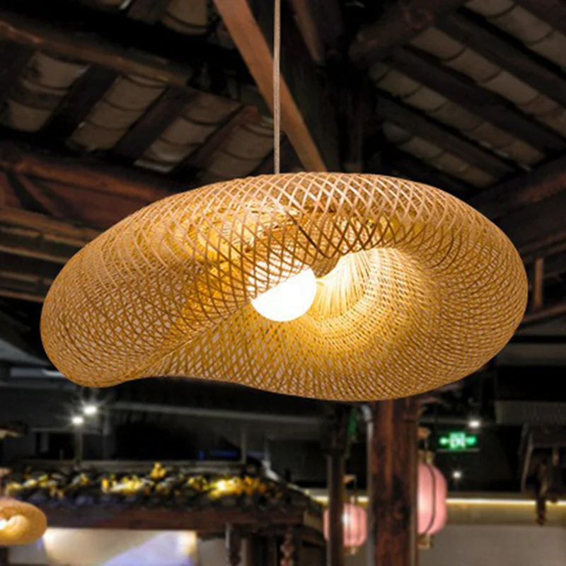Luminaire suspendu en maille de bambou, luminaire créatif asiatique à 1 lumière beige pour salon de thé Clearhalo