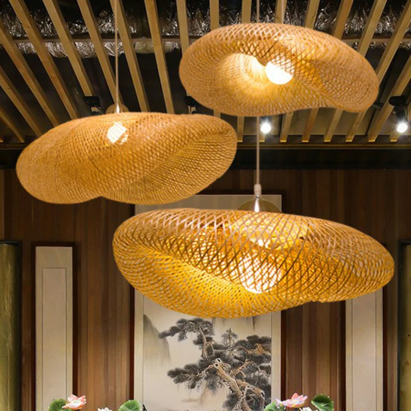Luminaire suspendu en maille de bambou, luminaire créatif asiatique à 1 lumière beige pour salon de thé Clearhalo