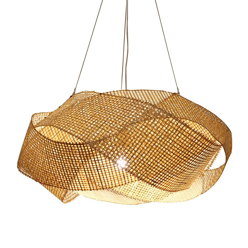 Luminaire suspendu moderne en bambou torsadé de 16 po/19,5 po de largeur, luminaire suspendu à 1 lumière en beige Clearhalo