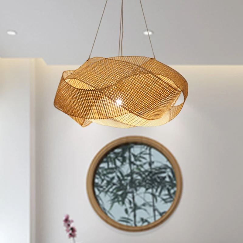 Luminaire suspendu moderne en bambou torsadé de 16 po/19,5 po de largeur, luminaire suspendu à 1 lumière en beige Clearhalo