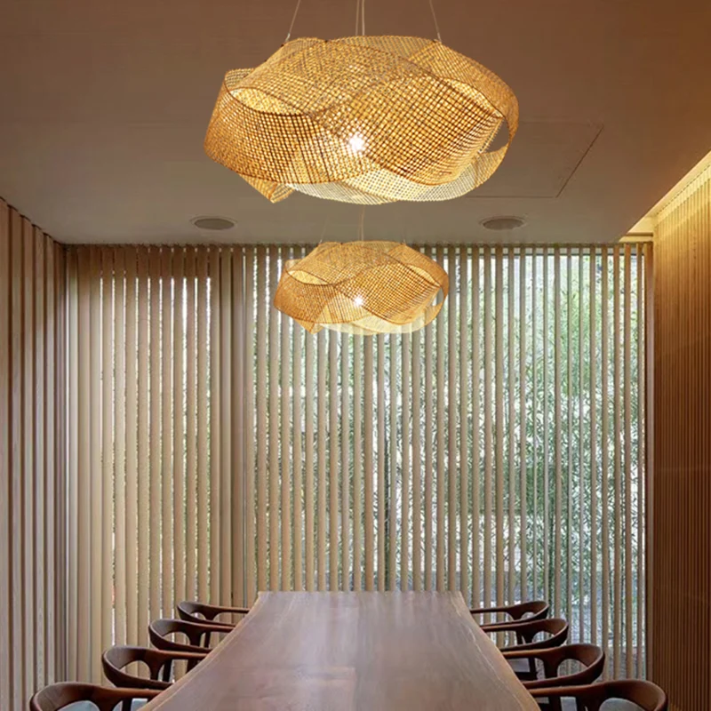 Luminaire suspendu moderne en bambou torsadé de 16 po/19,5 po de largeur, luminaire suspendu à 1 lumière en beige Clearhalo
