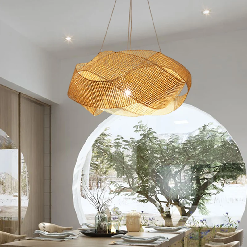 Luminaire suspendu moderne en bambou torsadé de 16 po/19,5 po de largeur, luminaire suspendu à 1 lumière en beige Clearhalo