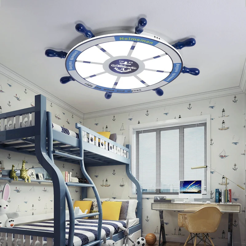 Luminaire suspendu moderne à gouvernail métallique, plafonnier LED intégré en bleu pour chambre d'enfant Clearhalo