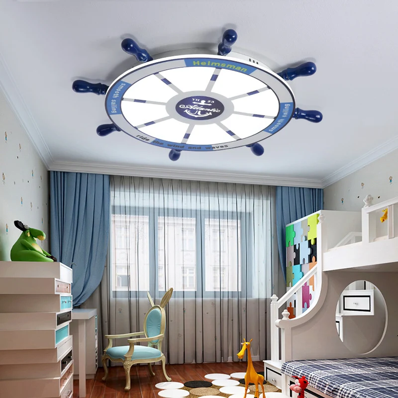 Luminaire suspendu moderne à gouvernail métallique, plafonnier LED intégré en bleu pour chambre d'enfant Clearhalo