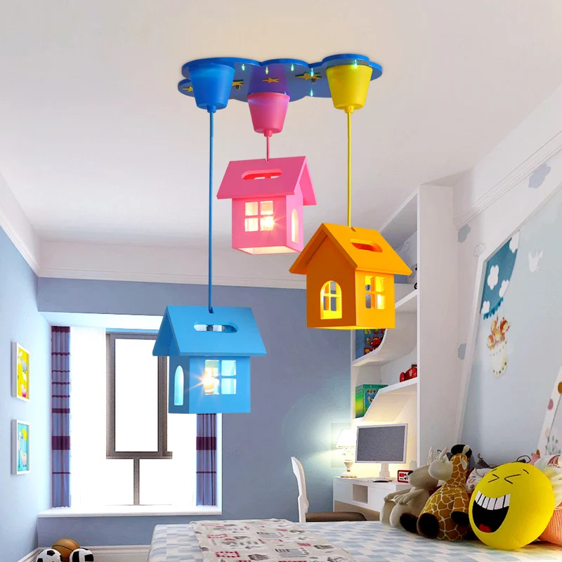 Luminaire suspendu multiple en bois en forme de maison pour enfant, pendentif de plafond bleu à 3 lumières pour chambre à...