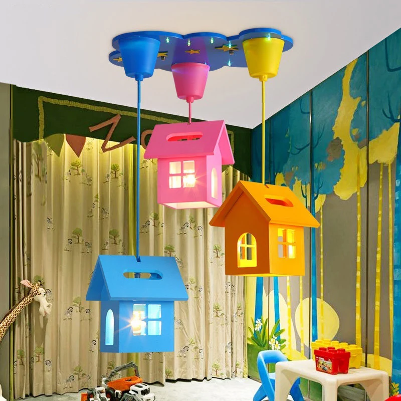 Luminaire suspendu multiple en bois en forme de maison pour enfant, pendentif de plafond bleu à 3 lumières pour chambre à...