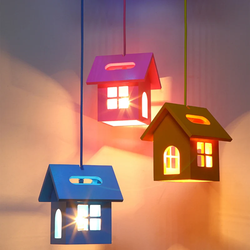 Luminaire suspendu multiple en bois en forme de maison pour enfant, pendentif de plafond bleu à 3 lumières pour chambre à...