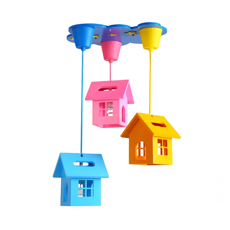 Luminaire suspendu multiple en bois en forme de maison pour enfant, pendentif de plafond bleu à 3 lumières pour chambre à...