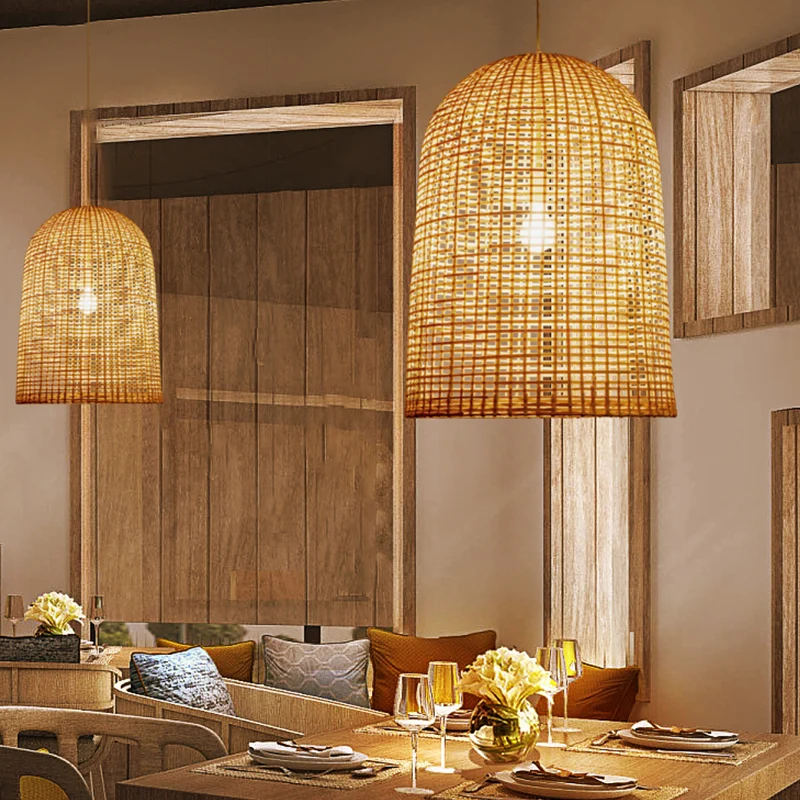 Luminaire suspendu de plafond de restaurant à 1 lumière beige chinois avec abat-jour en bambou à grille allongée Clearhalo