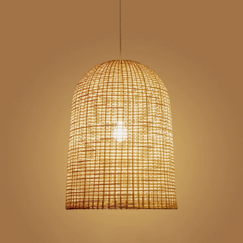 Luminaire suspendu de plafond de restaurant à 1 lumière beige chinois avec abat-jour en bambou à grille allongée Clearhalo