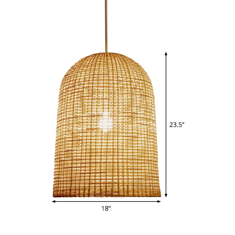Luminaire suspendu de plafond de restaurant à 1 lumière beige chinois avec abat-jour en bambou à grille allongée Clearhalo