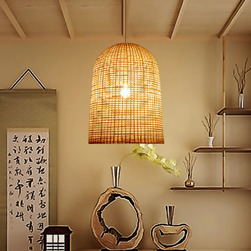 Luminaire suspendu de plafond de restaurant à 1 lumière beige chinois avec abat-jour en bambou à grille allongée Clearhalo