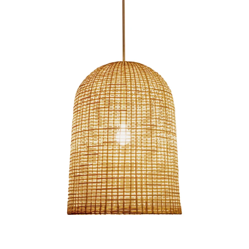 Luminaire suspendu de plafond de restaurant à 1 lumière beige chinois avec abat-jour en bambou à grille allongée Clearhalo