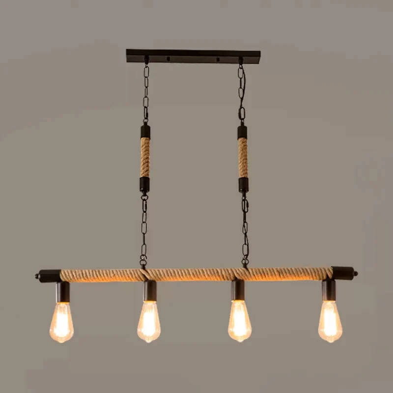Luminaire suspendu de plafond de style industriel linéaire à 4 lumières, corde Beige Island, avec conception d'ampoule nue...