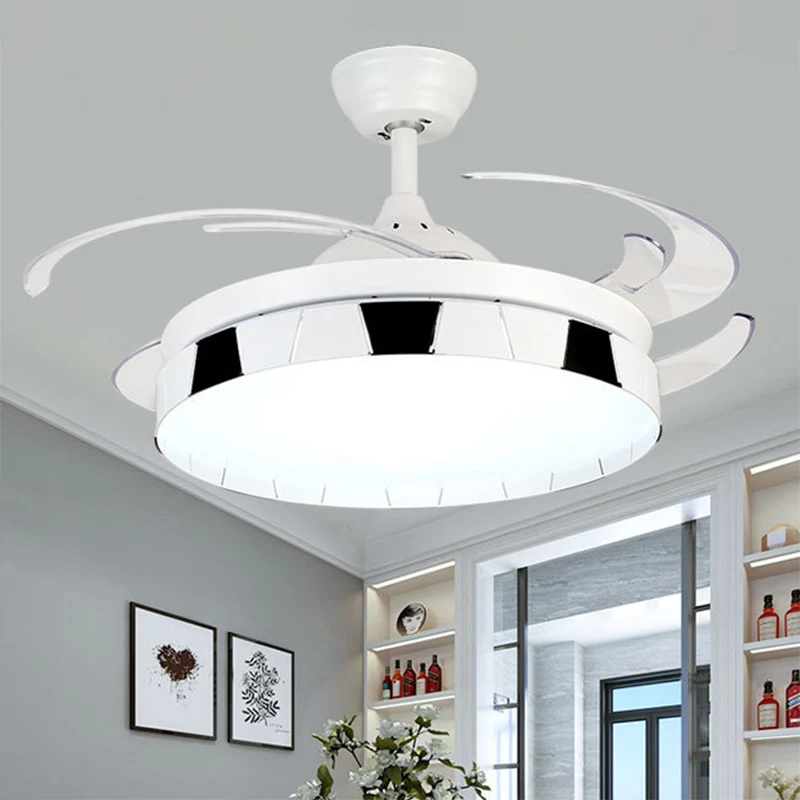 Luminaire suspendu rond semi-encastré à LED contemporain en acrylique blanc-noir de 42 po de largeur avec 4 lames transpar...