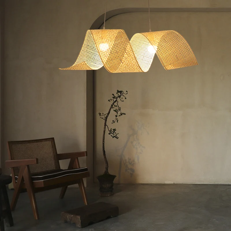 Luminaire suspendu torsadé de 33,5 po de largeur, style asiatique, en bambou, à 2 lumières, en lin Clearhalo