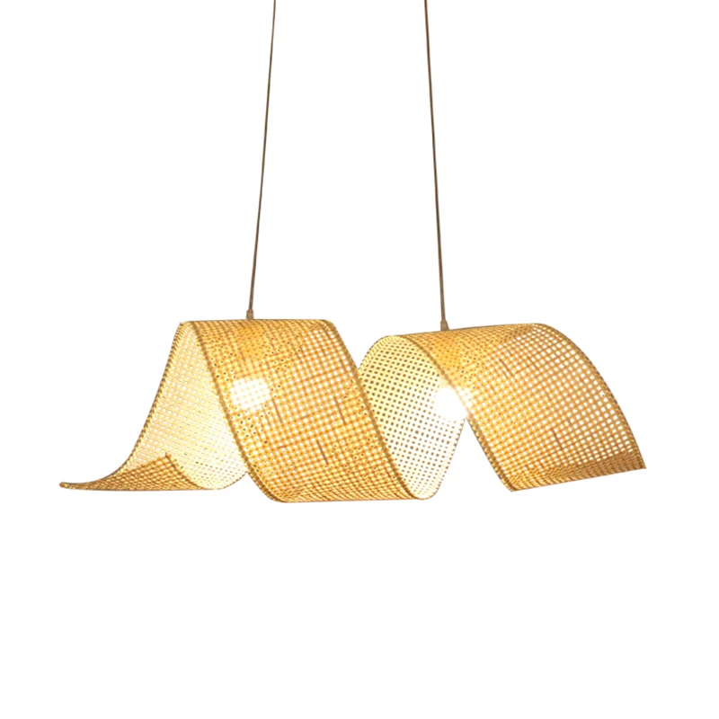 Luminaire suspendu torsadé de 33,5 po de largeur, style asiatique, en bambou, à 2 lumières, en lin Clearhalo