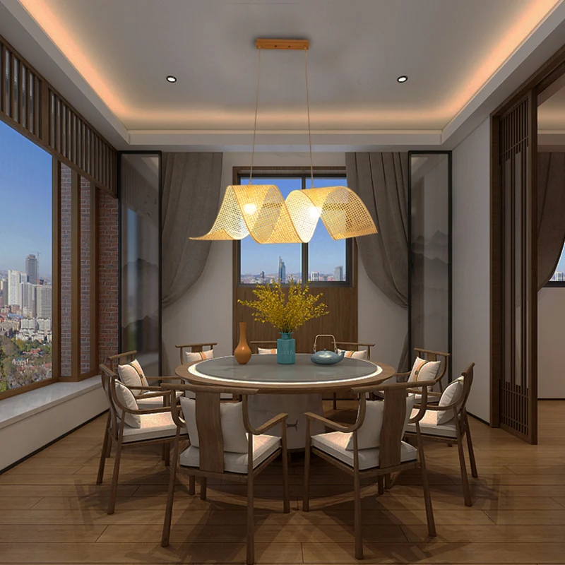 Luminaire suspendu torsadé de 33,5 po de largeur, style asiatique, en bambou, à 2 lumières, en lin Clearhalo