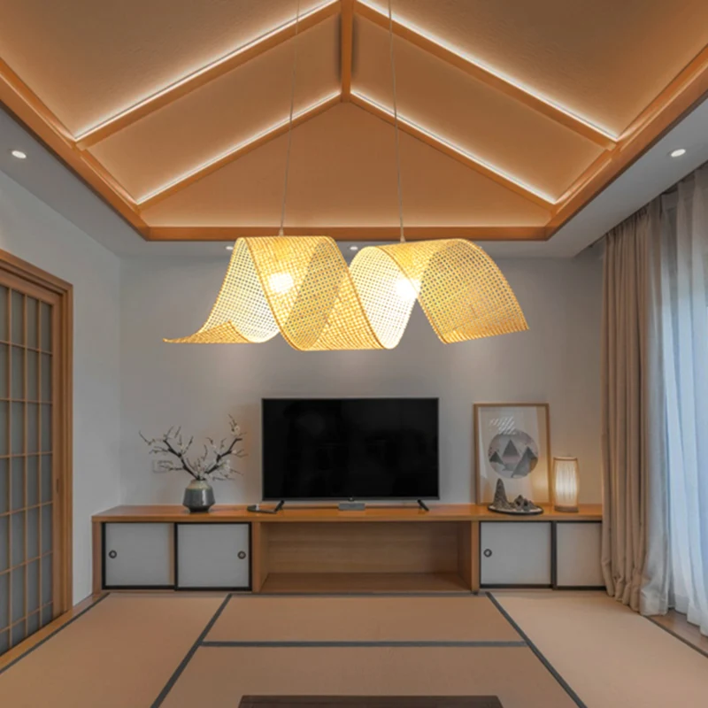 Luminaire suspendu torsadé de 33,5 po de largeur, style asiatique, en bambou, à 2 lumières, en lin Clearhalo