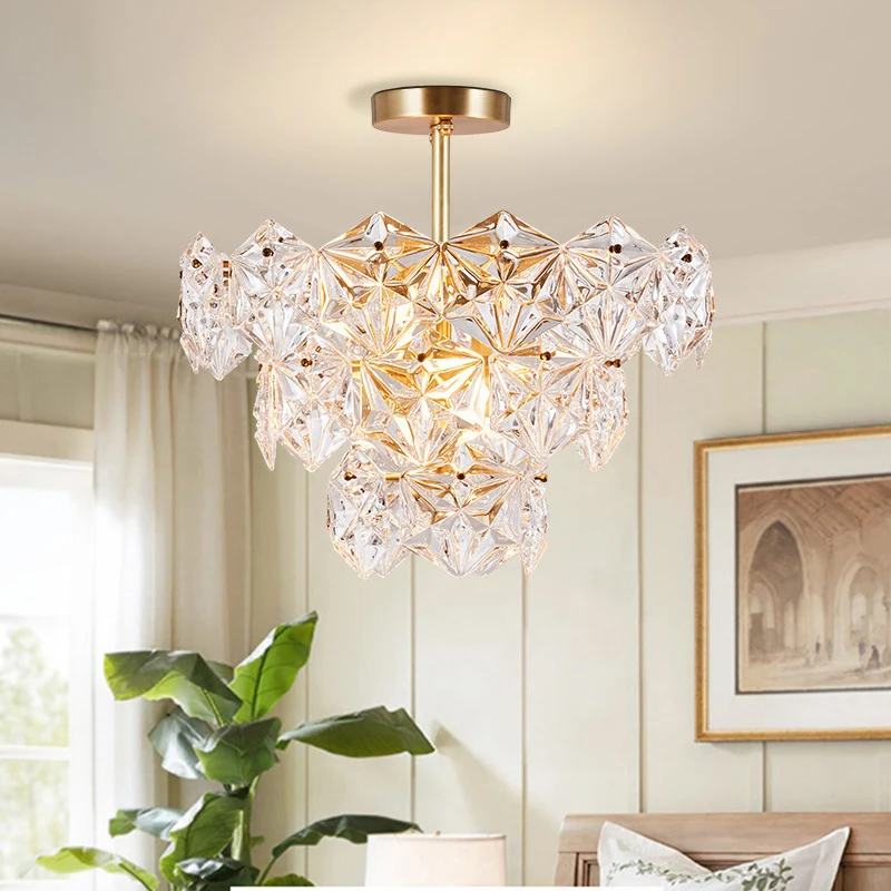 Luminaire suspendu à 9 têtes, lustre traditionnel en verre hexagonal conique, luminaire doré Clearhalo