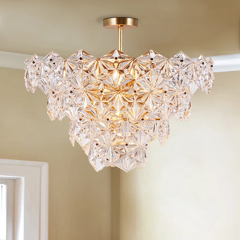 Luminaire suspendu à 9 têtes, lustre traditionnel en verre hexagonal conique, luminaire doré Clearhalo