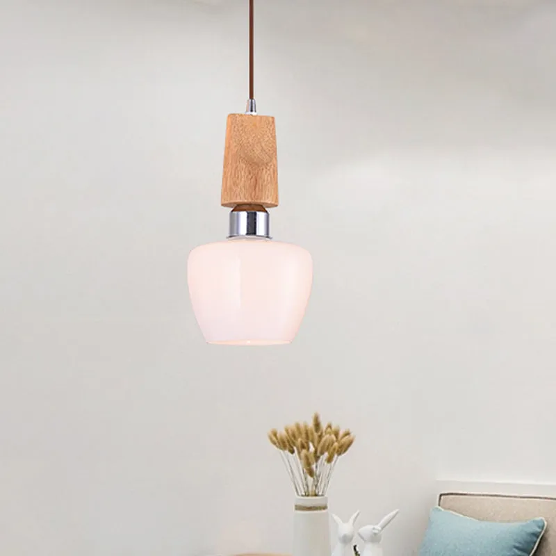Luminaire suspendu tulipe chromé vintage à 1 ampoule en verre blanc givré avec dessus en bois Clearhalo