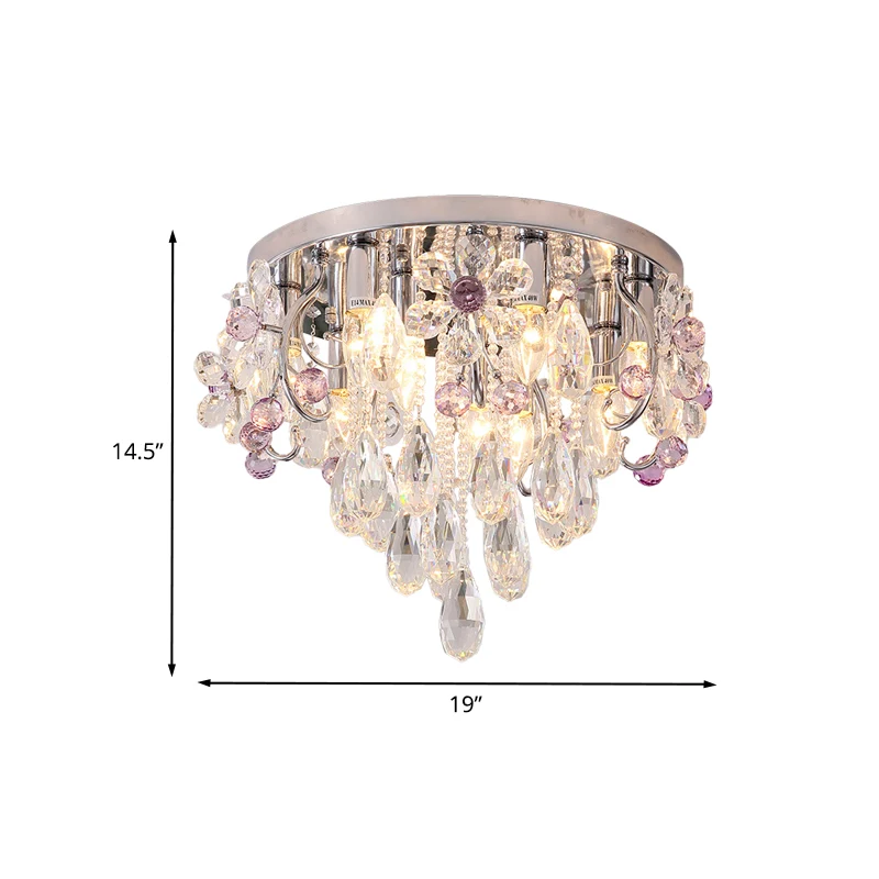 6 lumières fleur cristal encastré romantique moderne chrome drapé chambre plafonnier Clearhalo