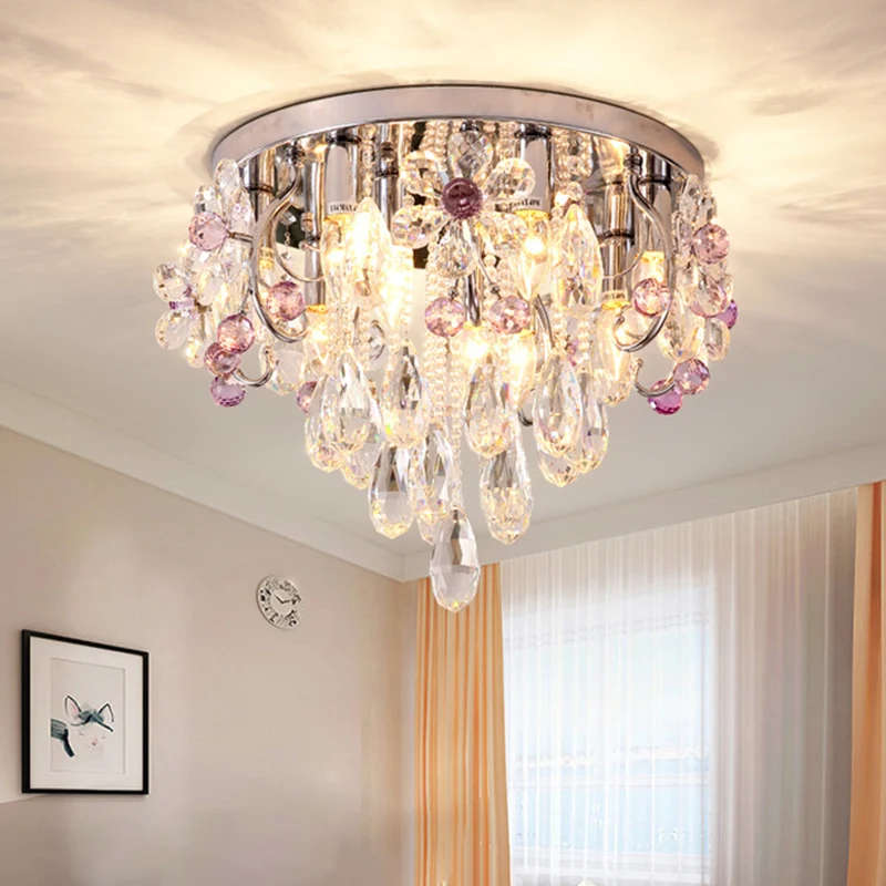 6 lumières fleur cristal encastré romantique moderne chrome drapé chambre plafonnier Clearhalo
