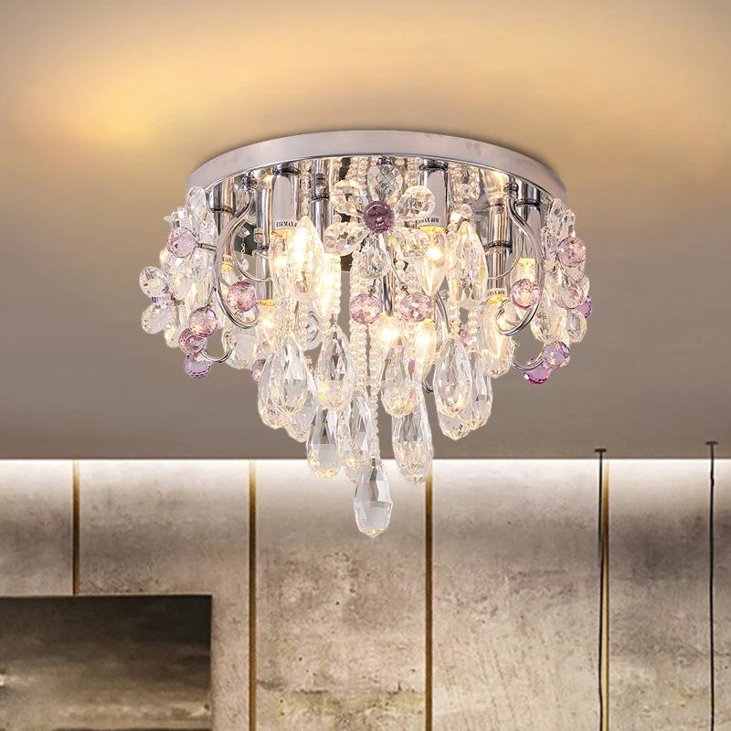 6 lumières fleur cristal encastré romantique moderne chrome drapé chambre plafonnier Clearhalo