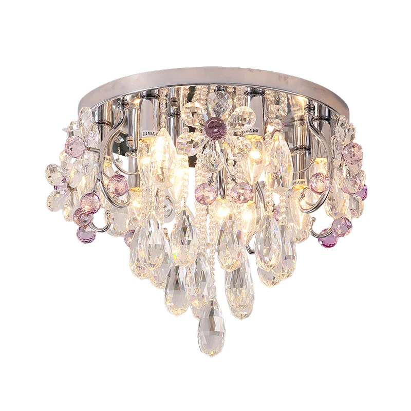 6 lumières fleur cristal encastré romantique moderne chrome drapé chambre plafonnier Clearhalo